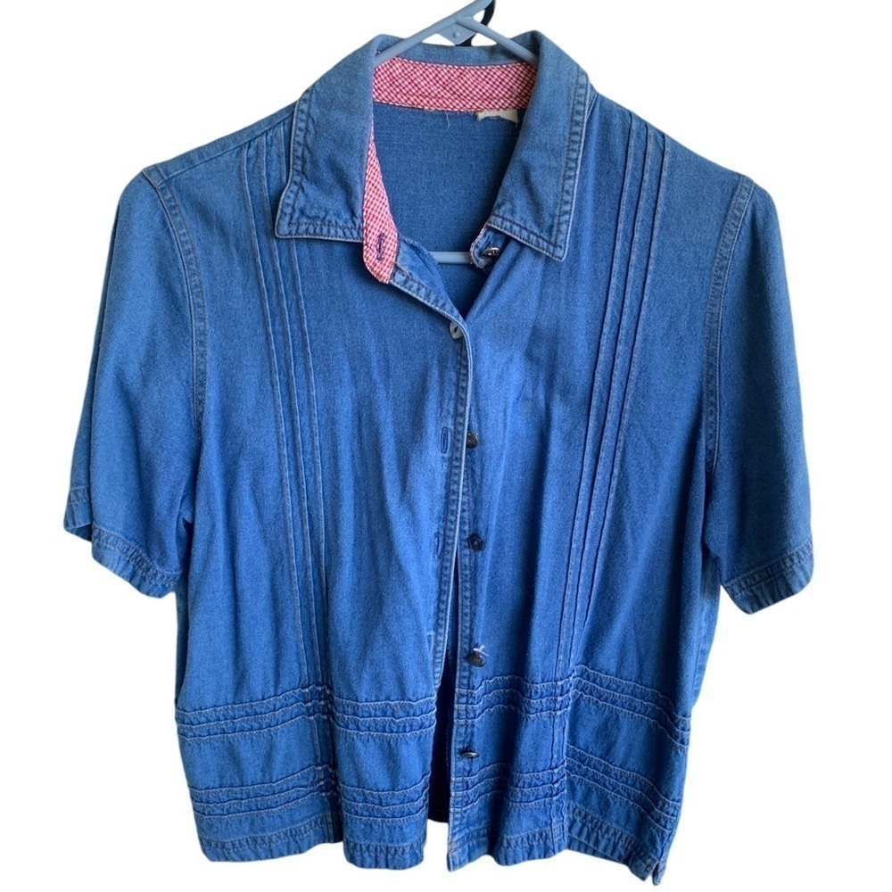 Vintage Denim Button Up Short Sleeve Shirt Womenโs Size Small 80s Top